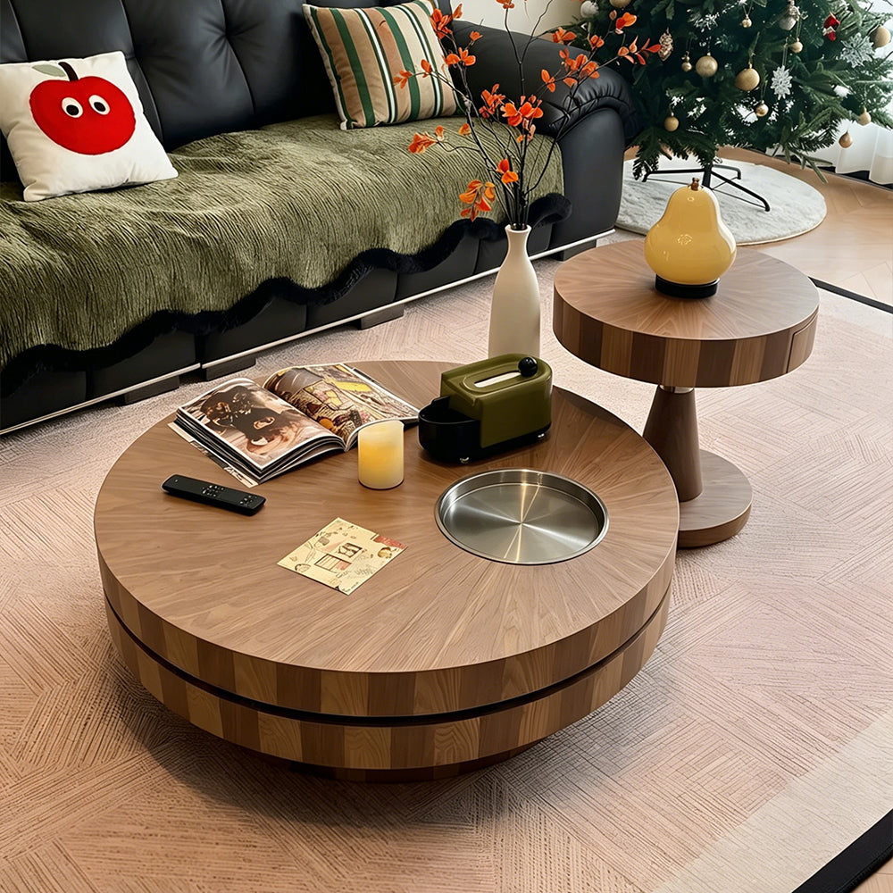 Modern Round Walnut Coffee Table Set Rotating Design Storage Drawer Stainless Steel Tray
