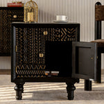 Load image into Gallery viewer, Modern Black Nightstand Wood Bedside Table Carved Door Storage Cabinet with Gold Handles
