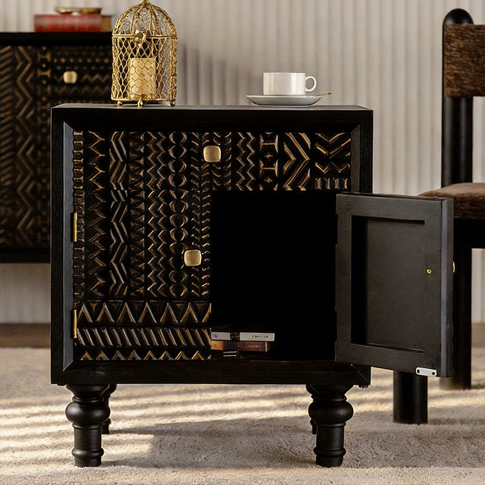 Modern Black Nightstand Wood Bedside Table Carved Door Storage Cabinet with Gold Handles