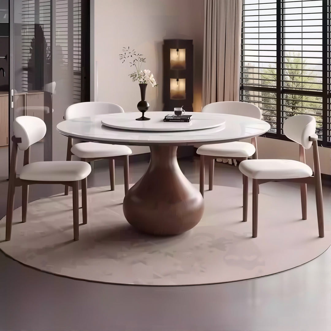 Round Dining Table Wooden Base and Ceramic Stone Top Modern Aesthetic
