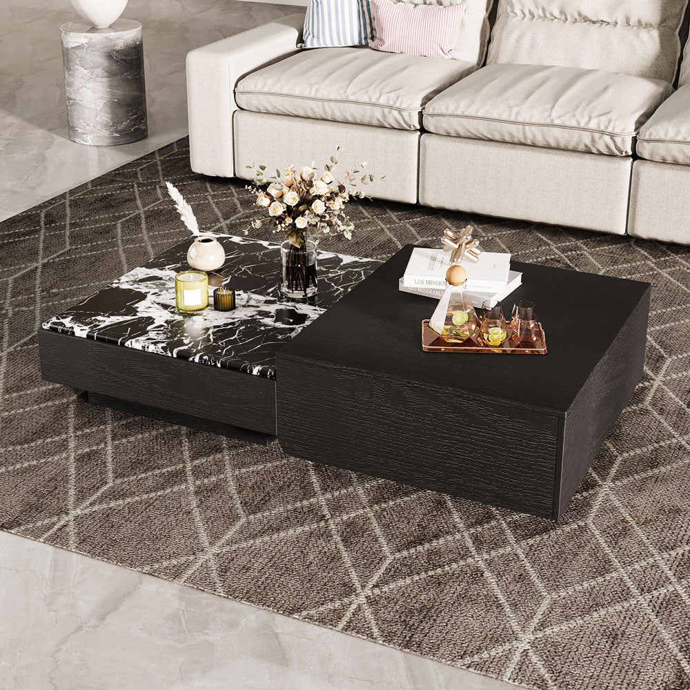 55'' Modern Square Marble and Wood Coffee Table Elegant Design