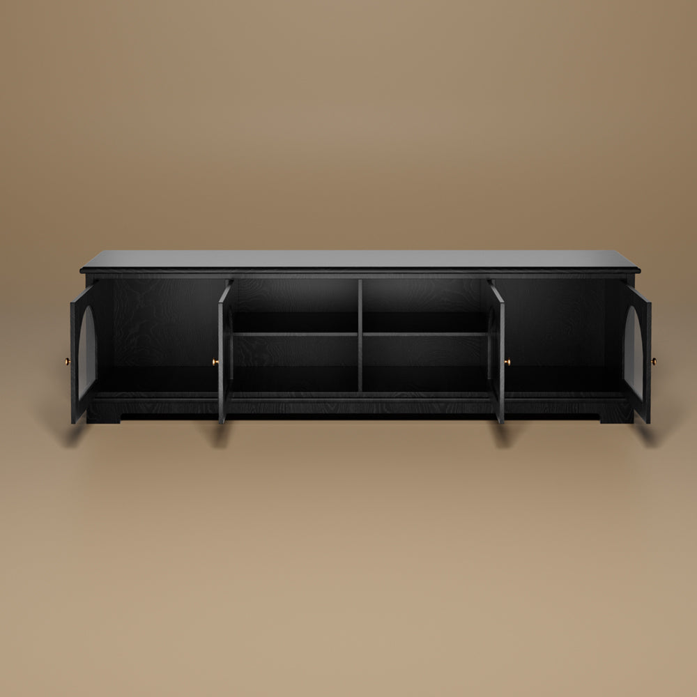 Modern Low-Profile TV Cabinet with Arched Glass Doors Freestanding Storage Console