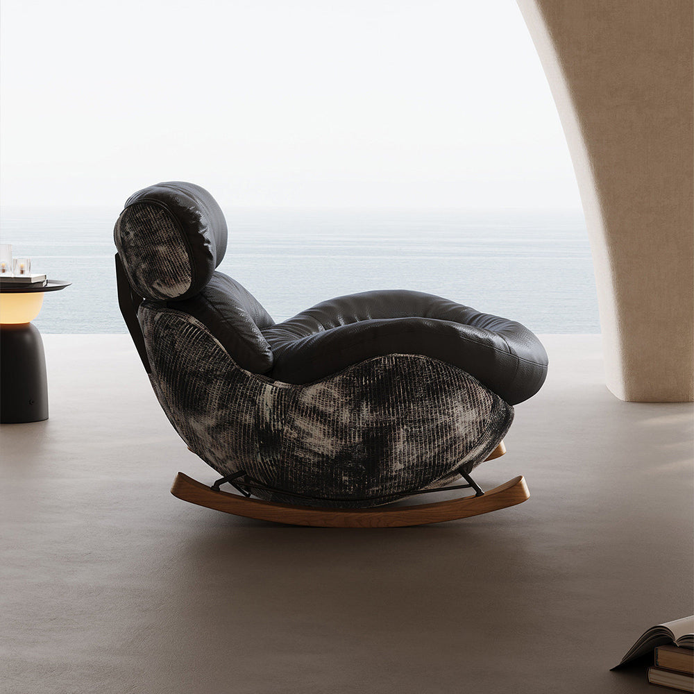 Modern Rocking Lounge Chair with Leather Cushion and Walnut Rocker Base