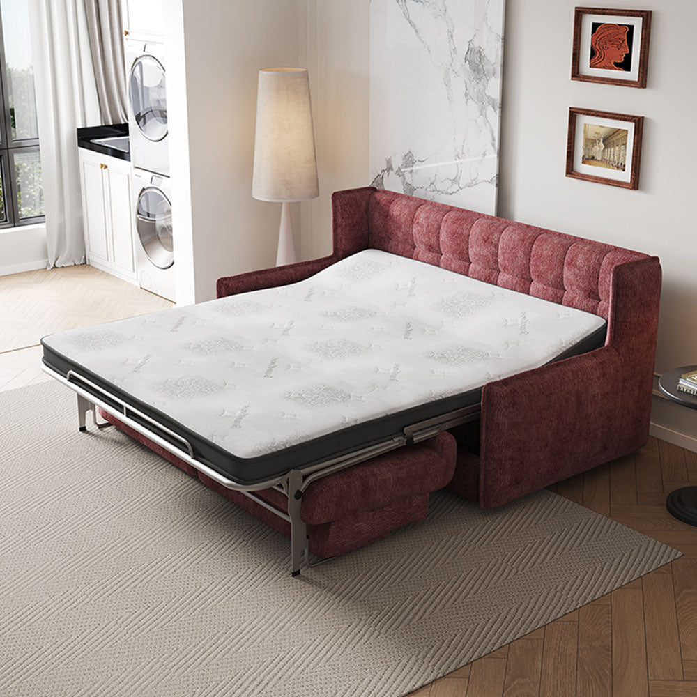 Convertible sofa bed partially opened showing built-in mattress for sleeping comfort
