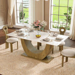 Load image into Gallery viewer, 62.9''/70.8'' Modern Marble-Effect Dining Table with Sculptural Wood Base
