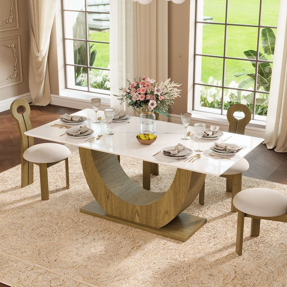 62.9''/70.8'' Modern Marble-Effect Dining Table with Sculptural Wood Base
