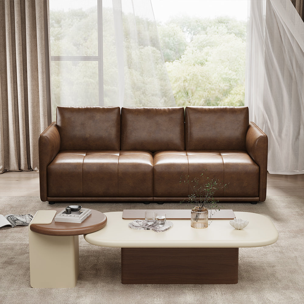 Modern Brown Faux Leather Sofa with Deep Cushions & Clean Lines