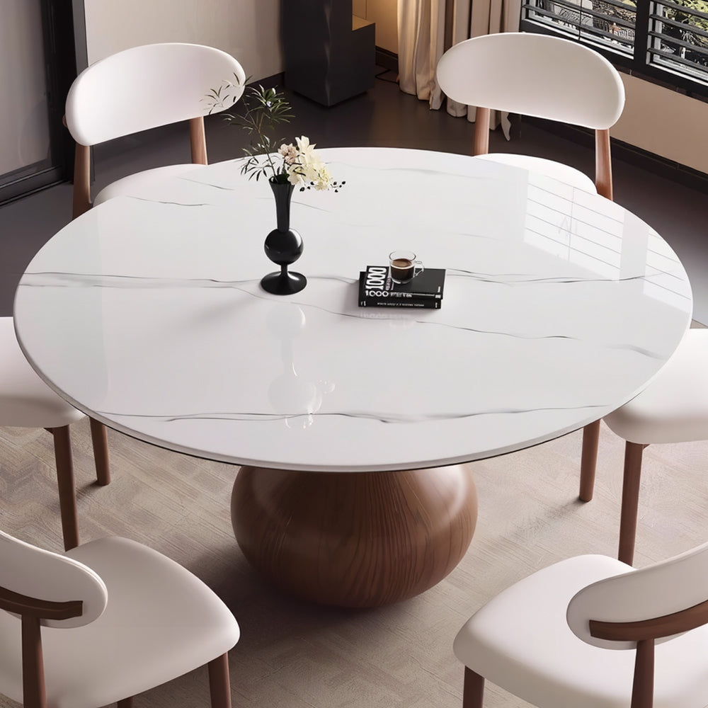 Round Dining Table Wooden Base and Ceramic Stone Top Modern Aesthetic