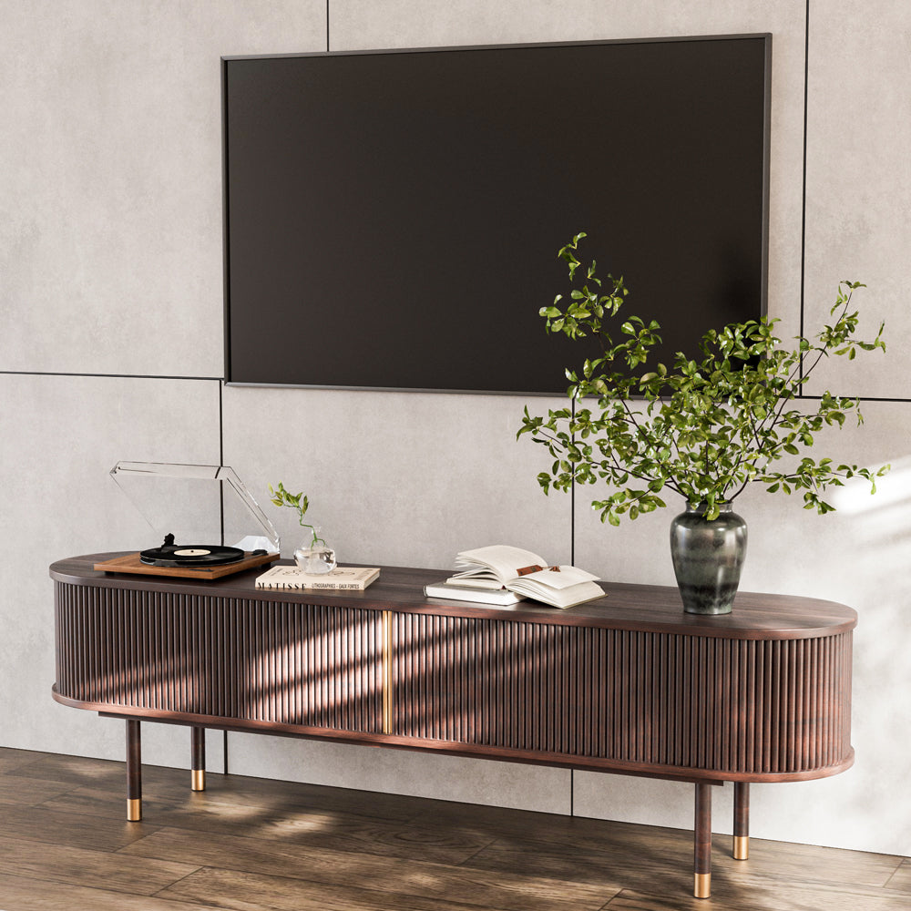 70.8" Modern Solid Wood TV Stand with Fluted Doors Minimalist Media Console with Rounded Corners & Gold Accents