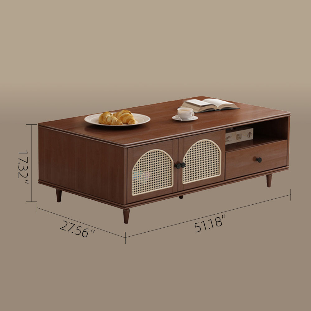 Mid-Century Modern Coffee Table with Cane Doors Elegant Storage & Warm Wood Finish