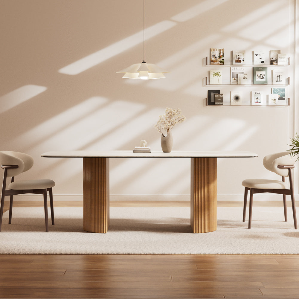 Square Dining Table White Ceramic Top Semi-cylindrical Wooden Base for 6 People