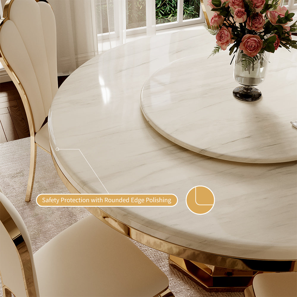 Luxurious Round Dining Table with Lazy Susa Ceramic Top Elegant Gold Accents Conical Base for 4-6 People