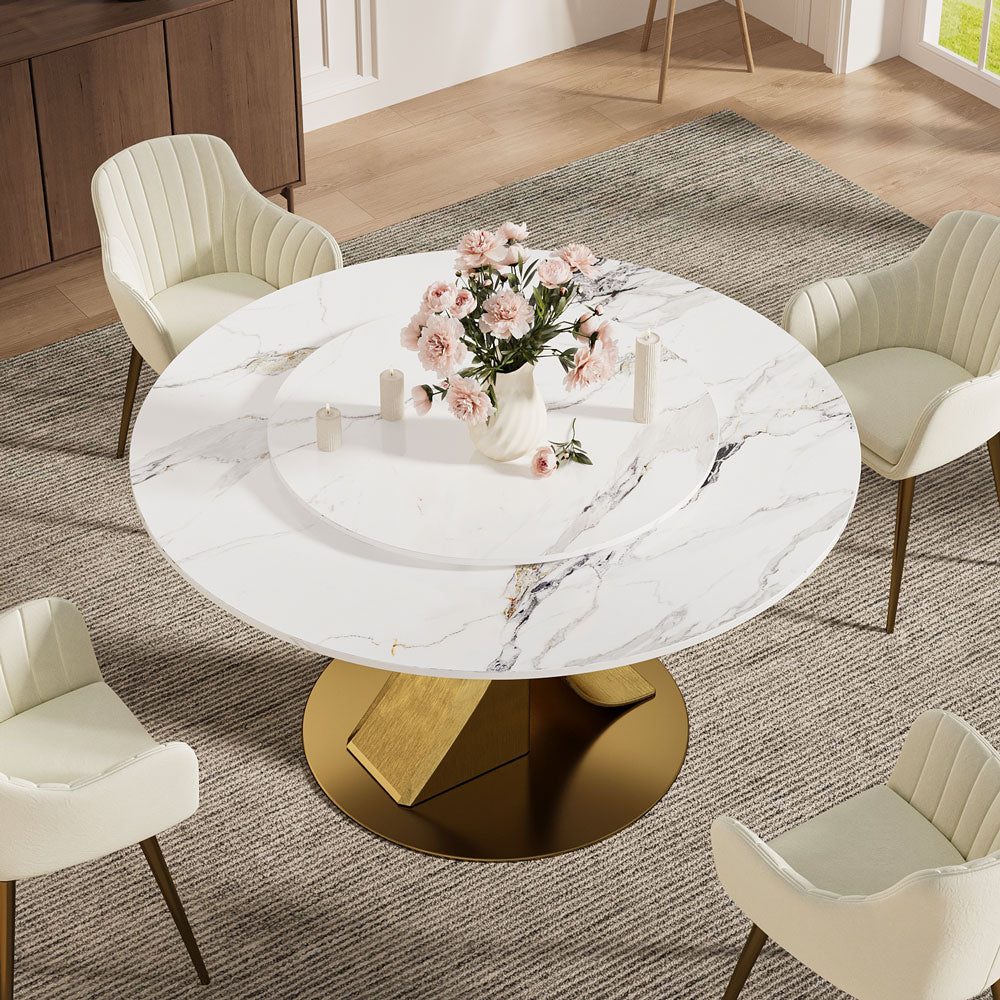 Round Dining Table Lazy Susan Marble Effect and Gold Metal Base Perfect for 4-6 People