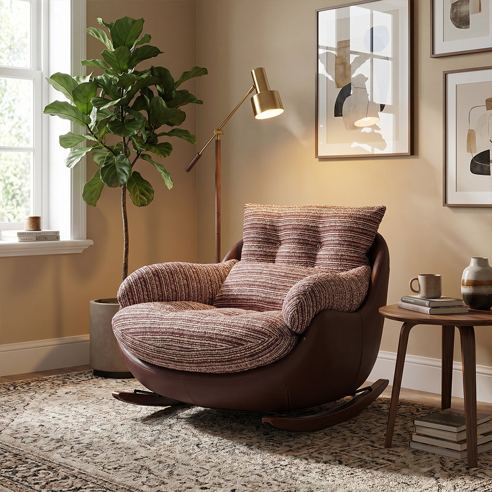 Rocking Lounge Chair with Textured Upholstery and Brown Wraparound Shell