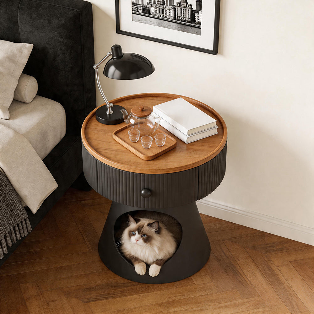 Modern Round Nightstand with Hidden Storage Drawer and Cat House Base Wooden Top Fluted Design Bedside Table