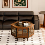 Load image into Gallery viewer, 33.15&#39;&#39;Vintage Hexagonal Coffee Table with Glass Top | Enclosed Storage + Carved Columns + Display Surface
