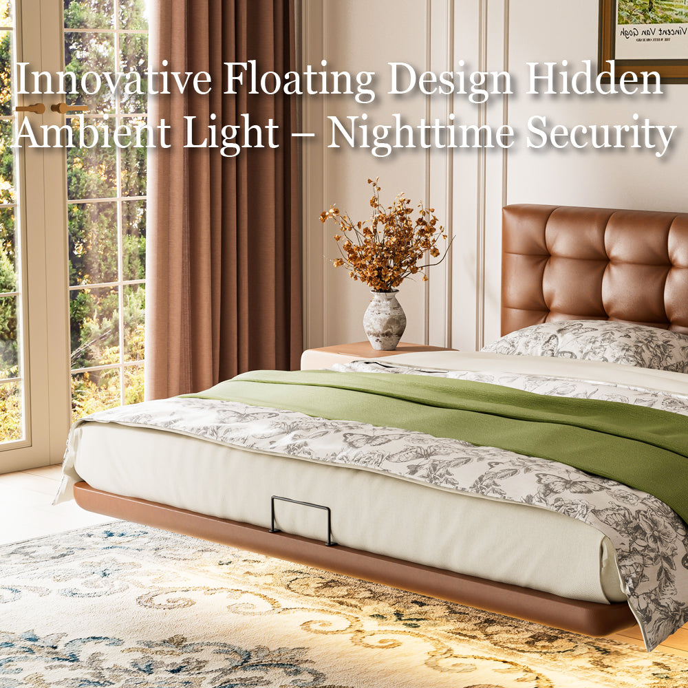 Modern Floating Bed with LED Lighting & Upholstered Headboard