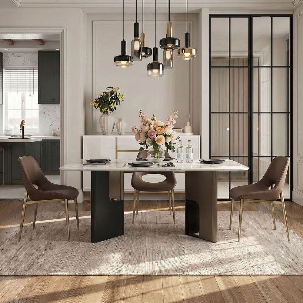 Modern Rectangular Dining Table with Marble-Look Top and Sculptural Pedestal Base