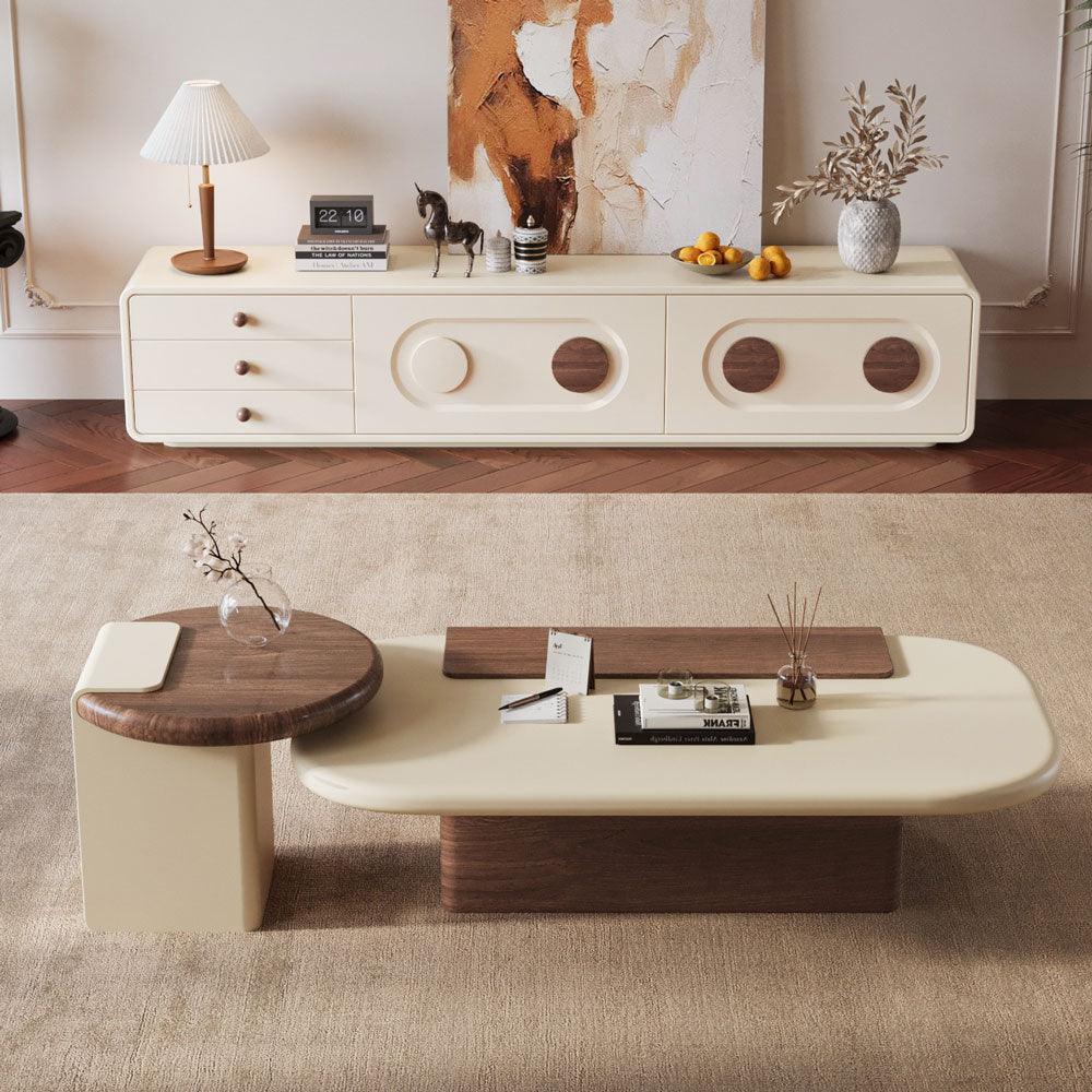 Modern Minimalist Living Room Furniture Set Cream TV Stand and Oval Coffee Table Combination