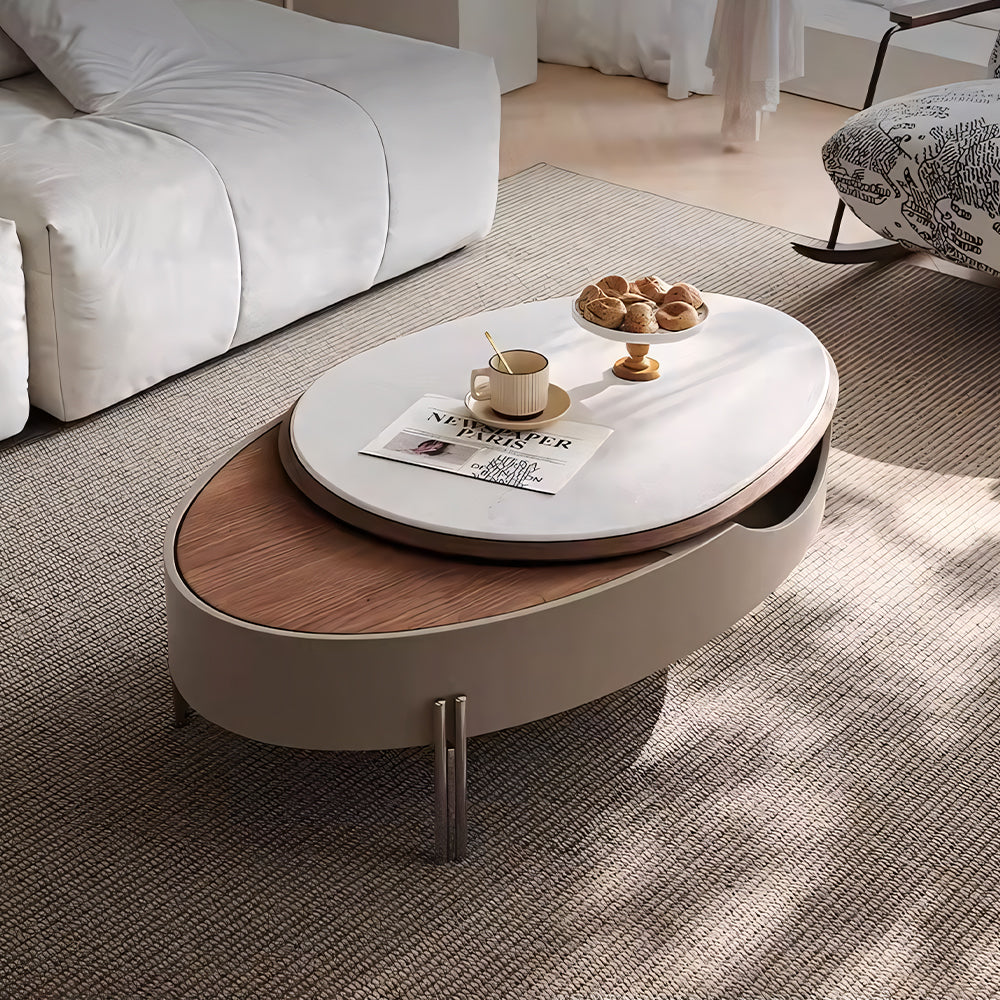 46.8'' Modern Lift-Top Coffee Table with Sintered Stone Top & Wood Base Sculptural Curved Design with Hidden Storage