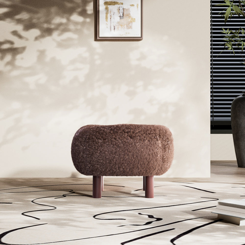 Square Faux Fur Ottoman Plush Upholstered Seat with Wooden Legs