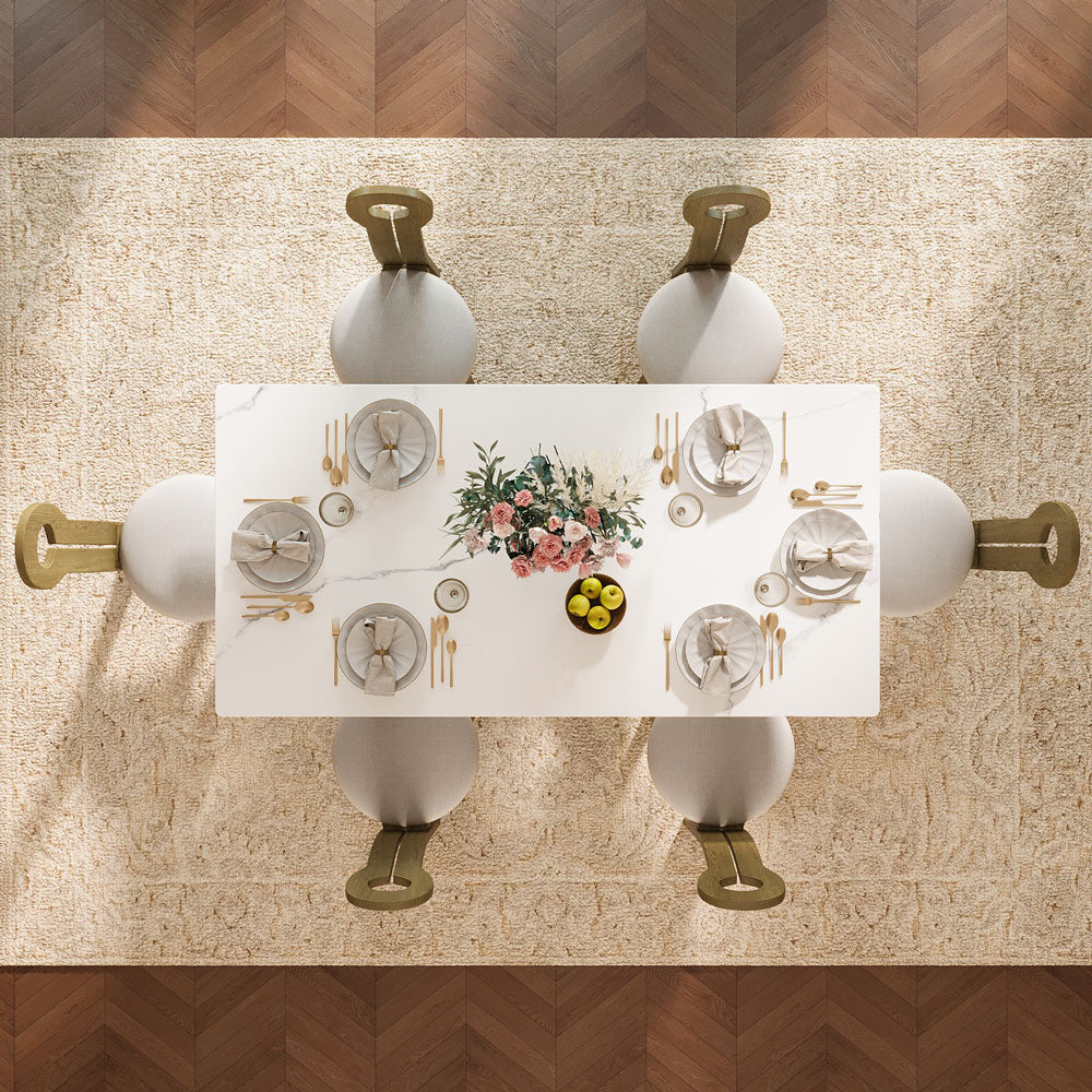 62.9''/70.8'' Modern Marble-Effect Dining Table with Sculptural Wood Base