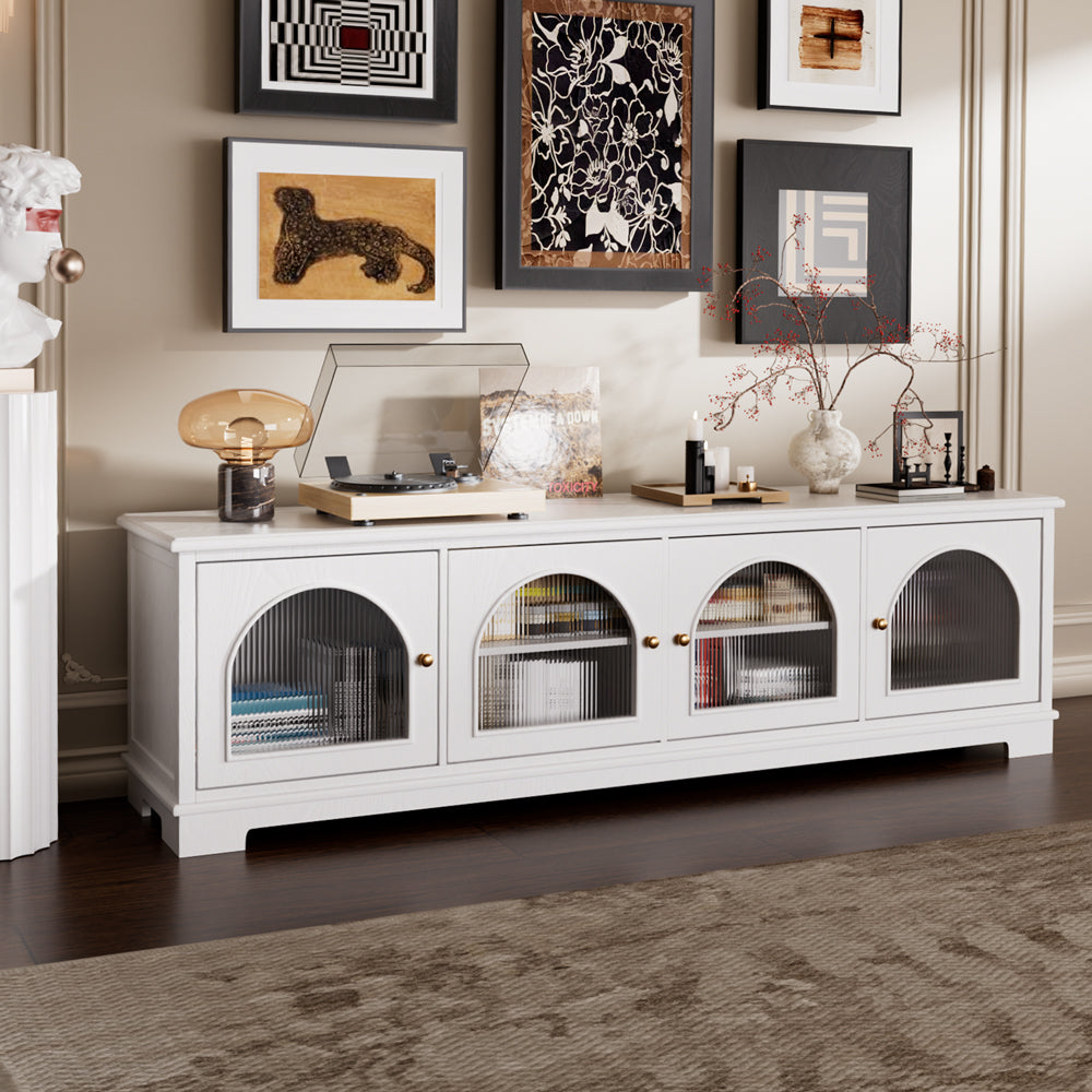 Modern Low-Profile TV Cabinet with Arched Glass Doors Freestanding Storage Console