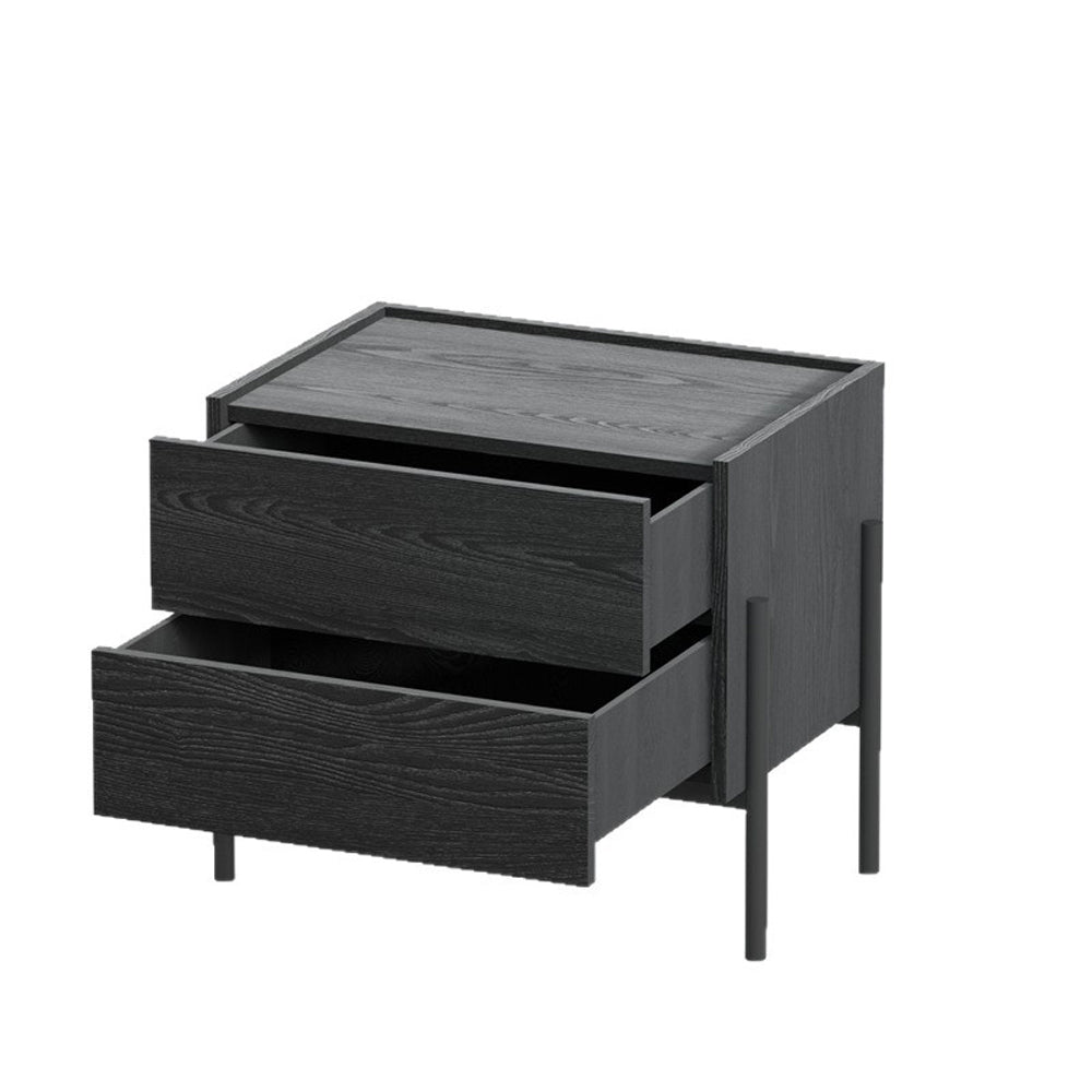 Modern Nightstand with Black Metal Legs Natural Wood Finish & Spacious Drawer
