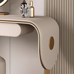 Load image into Gallery viewer, 47.2'' Modern Luxury Vanity Desk with Round Mirror Cream Finish Makeup Table with Storage Drawers and Gold Base with Stool
