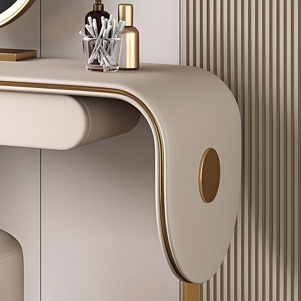 47.2'' Modern Luxury Vanity Desk with Round Mirror Cream Finish Makeup Table with Storage Drawers and Gold Base with Stool