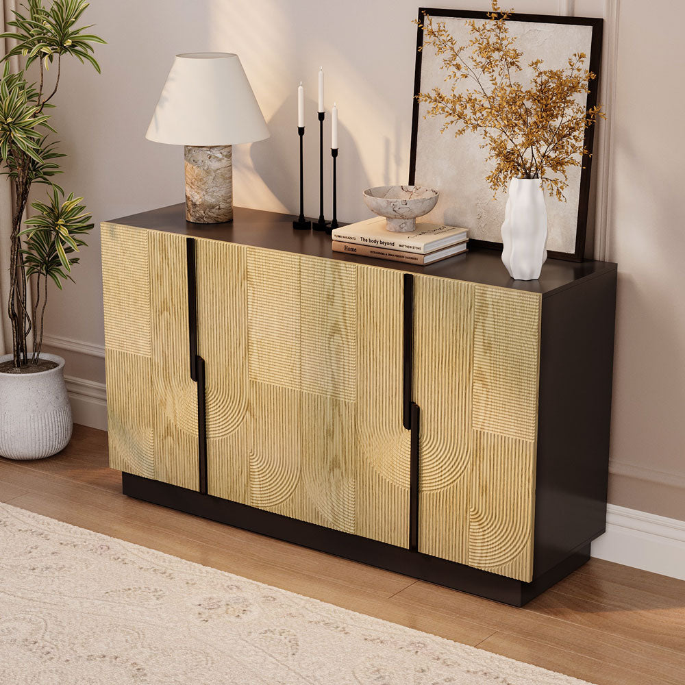55.1'' Modern Fluted Wood Sideboard Cabinet with Sculptural Geometric Doors Black Base & Ample Storage for Dining & Living Room
