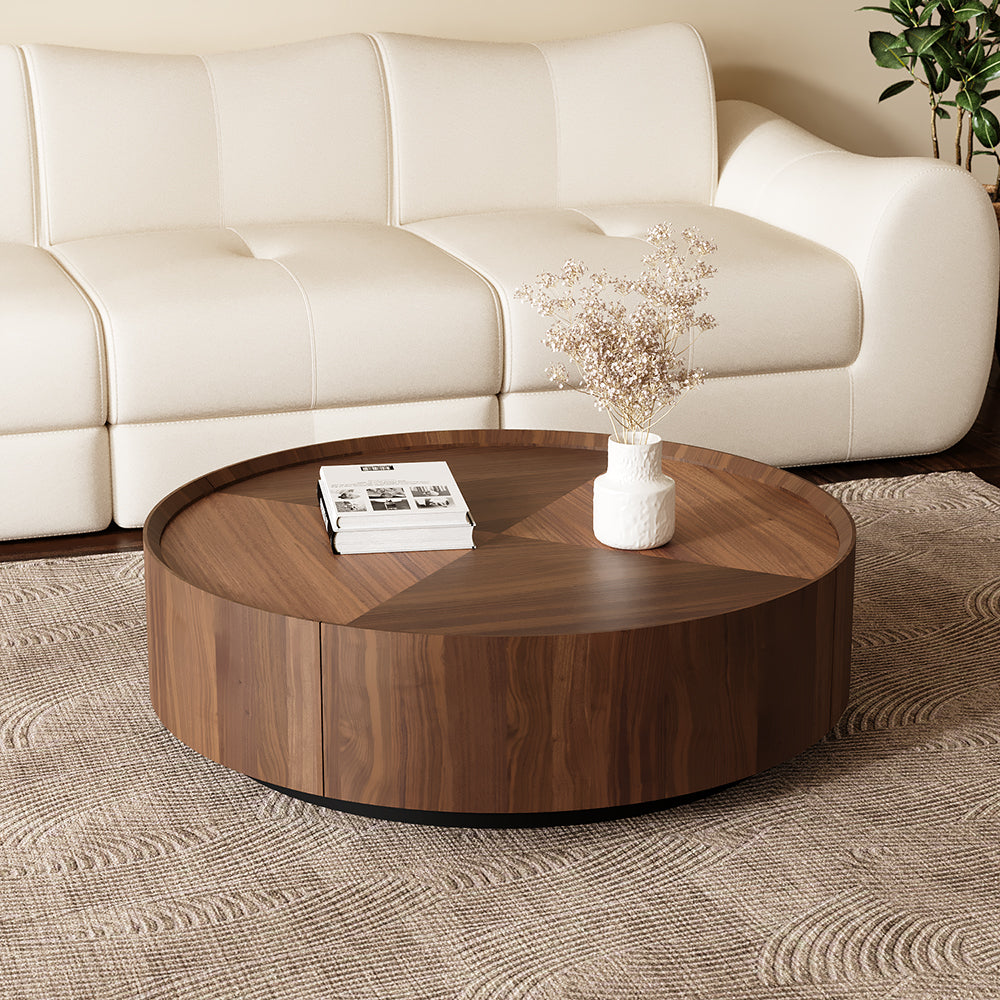 35.1″ Round Wooden Coffee Table Modern Minimalist Design Large Storage Space