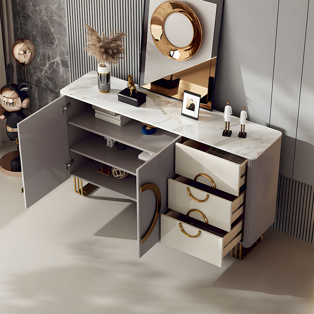 62.4" Sleek Modern White and Gold Buffet Cabinet with Circular Accents