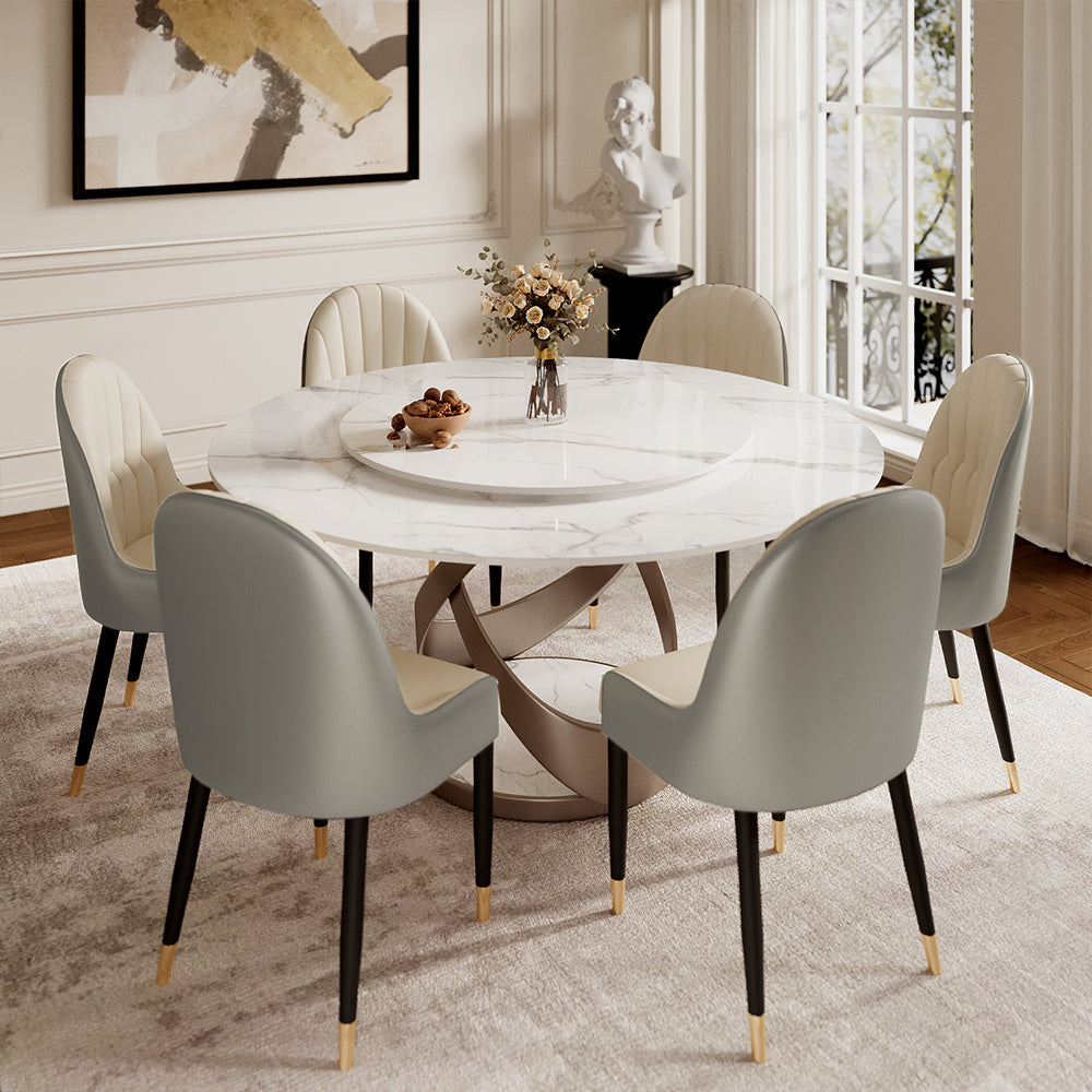 Round Dining Table Lazy Susan Marble Effect X Metal Base Perfect for 4-6 People