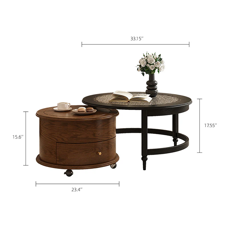 33.1" Nesting Coffee Table Set with Lift Top Water Ripple Glass Walnut Vintage Style