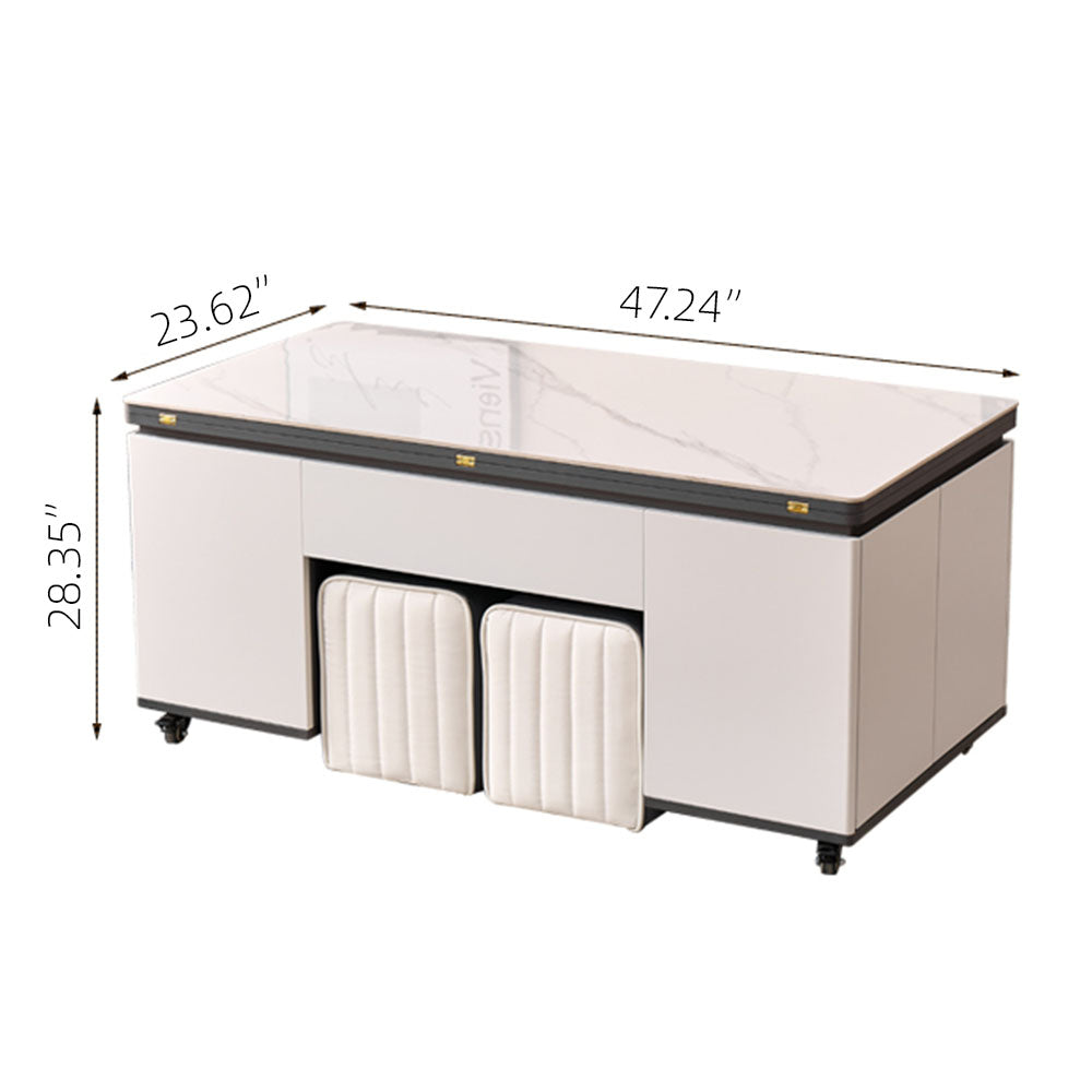 Sintered Stone Lift-Top Coffee Table with 2 Stools Modern 2-in-1 Dining and Work Table for Smart Living
