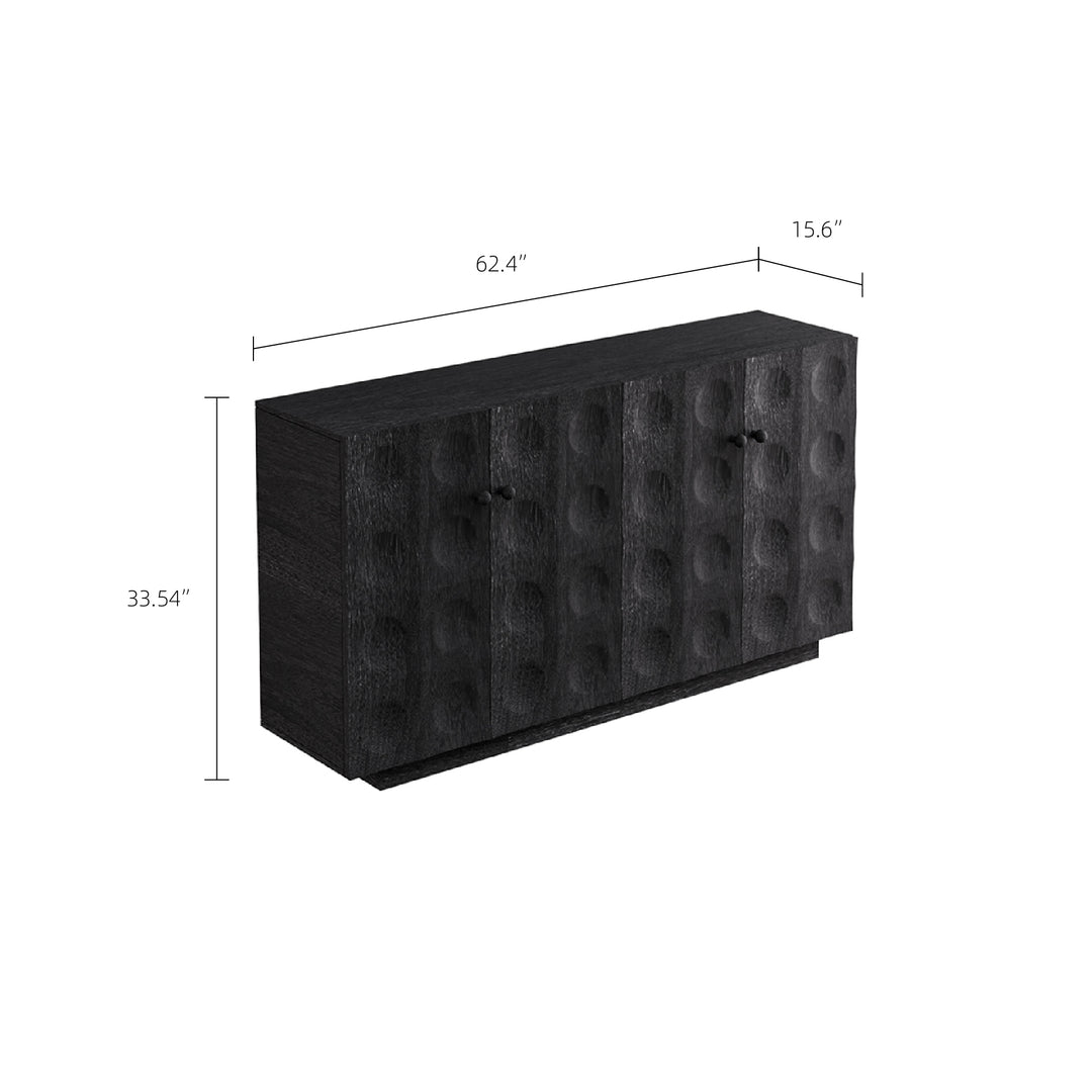 62.4''Vintage Embossed Sideboard Black Wood Storage Cabinet Textured Carved Front Mid Century Accent