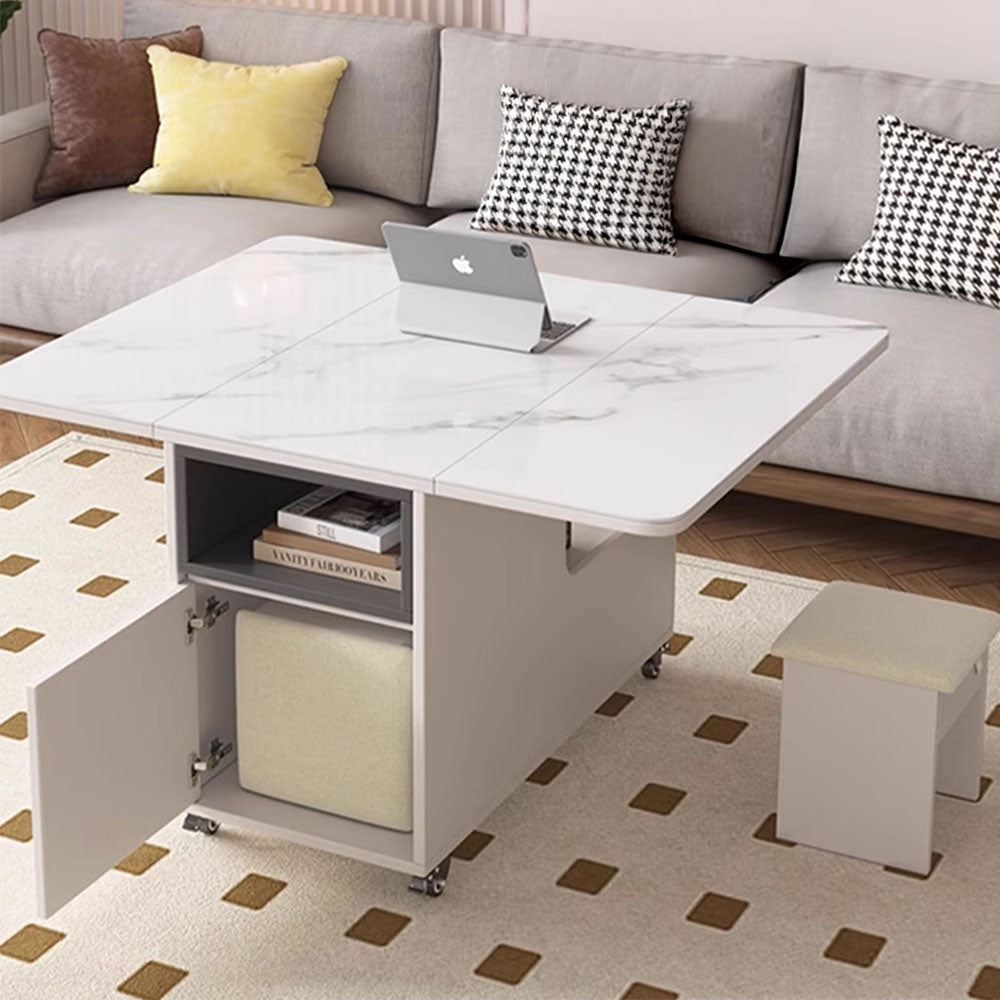 Modern Multifunctional Foldable Coffee Table with Wheels & 2 Stools