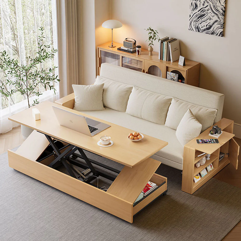 Modern Multifunctional Sofa Bed with Electric Lift Coffee Table & Storage