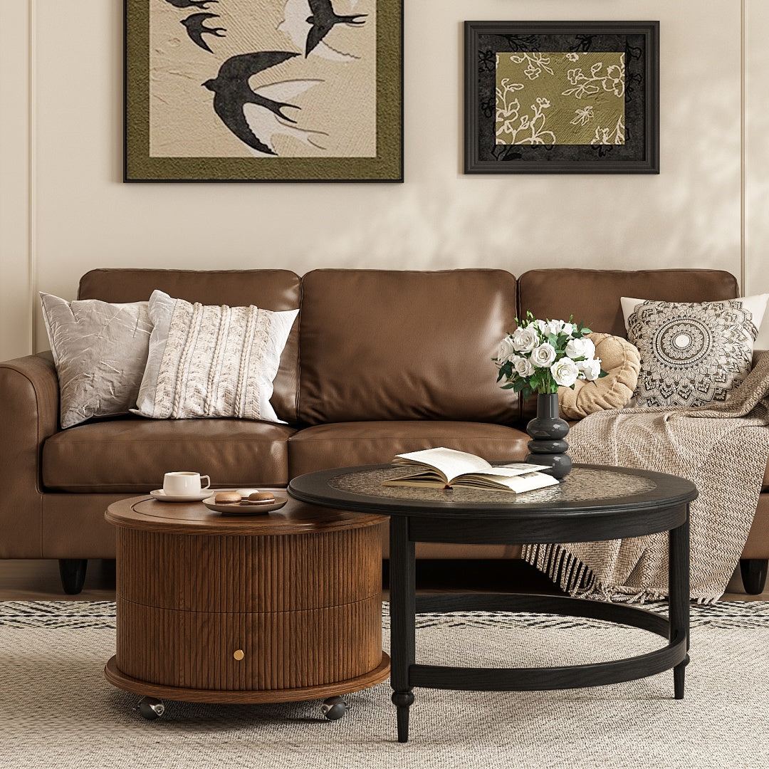 33.1" Nesting Coffee Table Set with Lift Top Water Ripple Glass Walnut Vintage Style