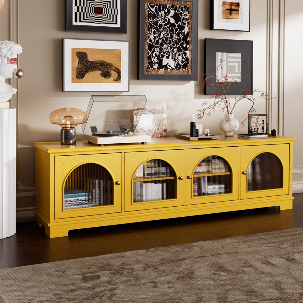 Modern Low-Profile TV Cabinet with Arched Glass Doors Freestanding Storage Console