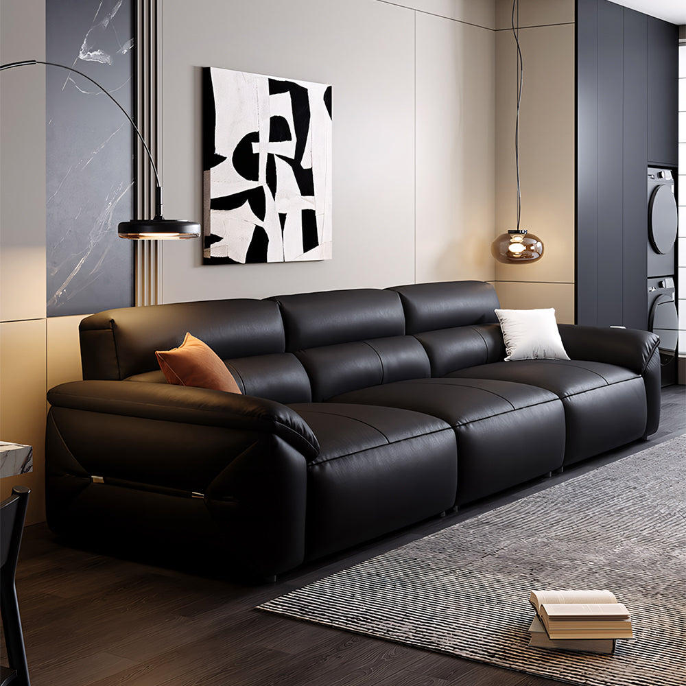 Modern Black Leather Sofa Oversized Low-Profile Design with Wide Armrests