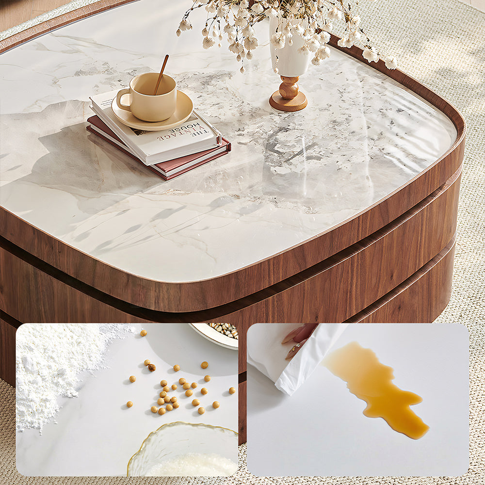34.7'' Modern Solid Wood Coffee Table with Marble Top Hidden Storage Rounded Minimalist Design