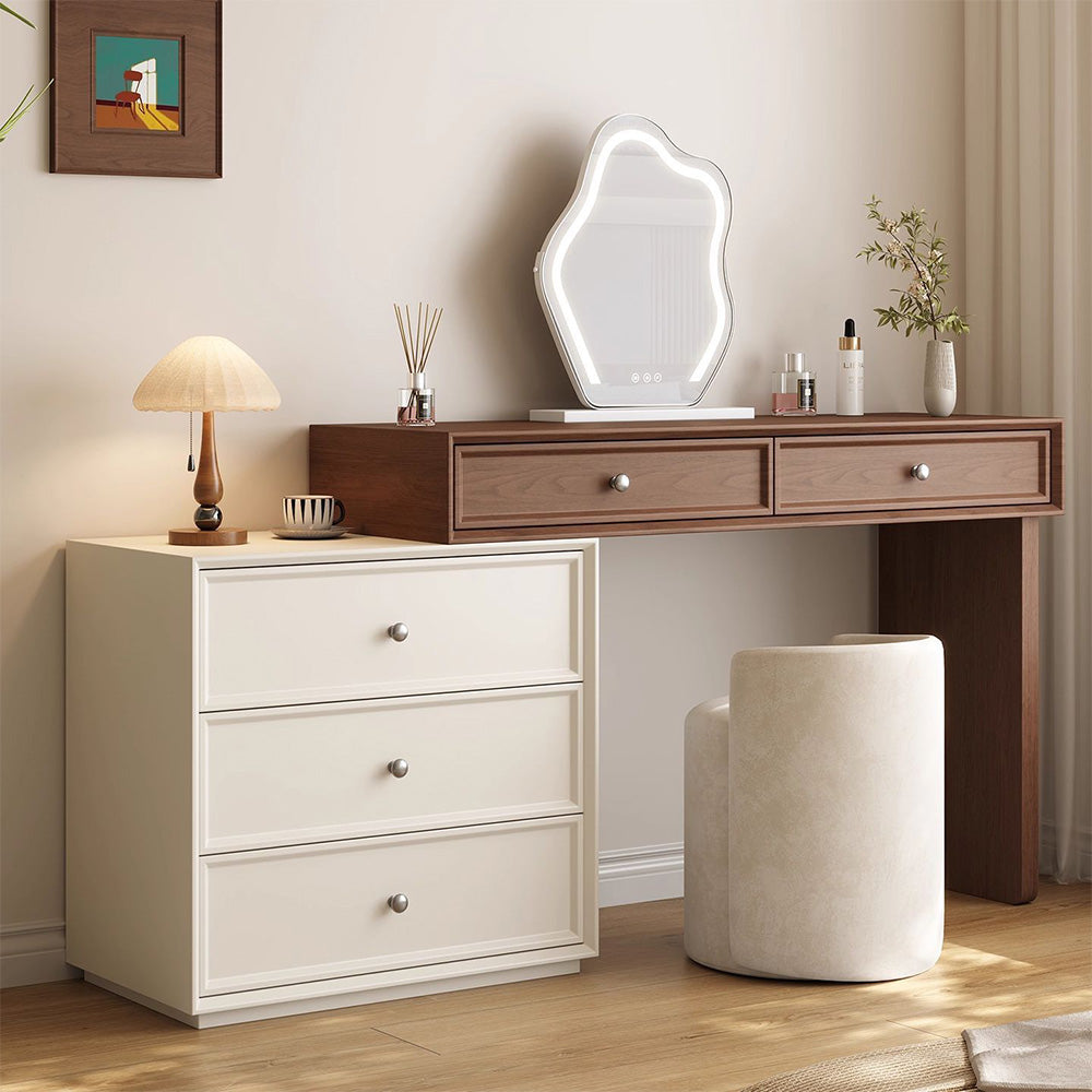 Solid Wood Vanity Desk with Side Cabinet and Upholstered Stool