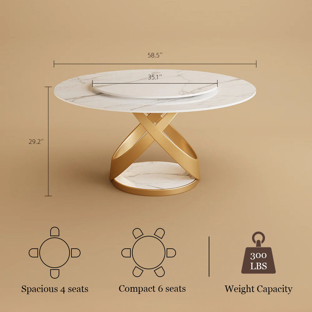 Round Dining Table Lazy Susan Marble Effect X Metal Base Perfect for 4-6 People