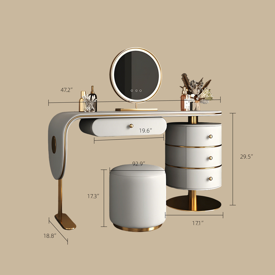 47.2'' Modern Luxury Vanity Desk with Round Mirror Cream Finish Makeup Table with Storage Drawers and Gold Base with Stool