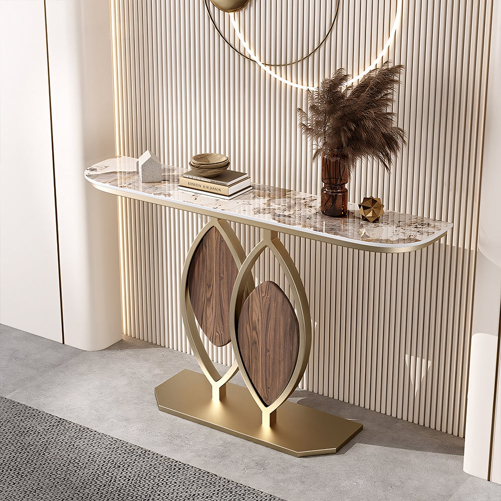 Modern Sintered Stone Entryway Console Table with Gold Metal Artistic Base