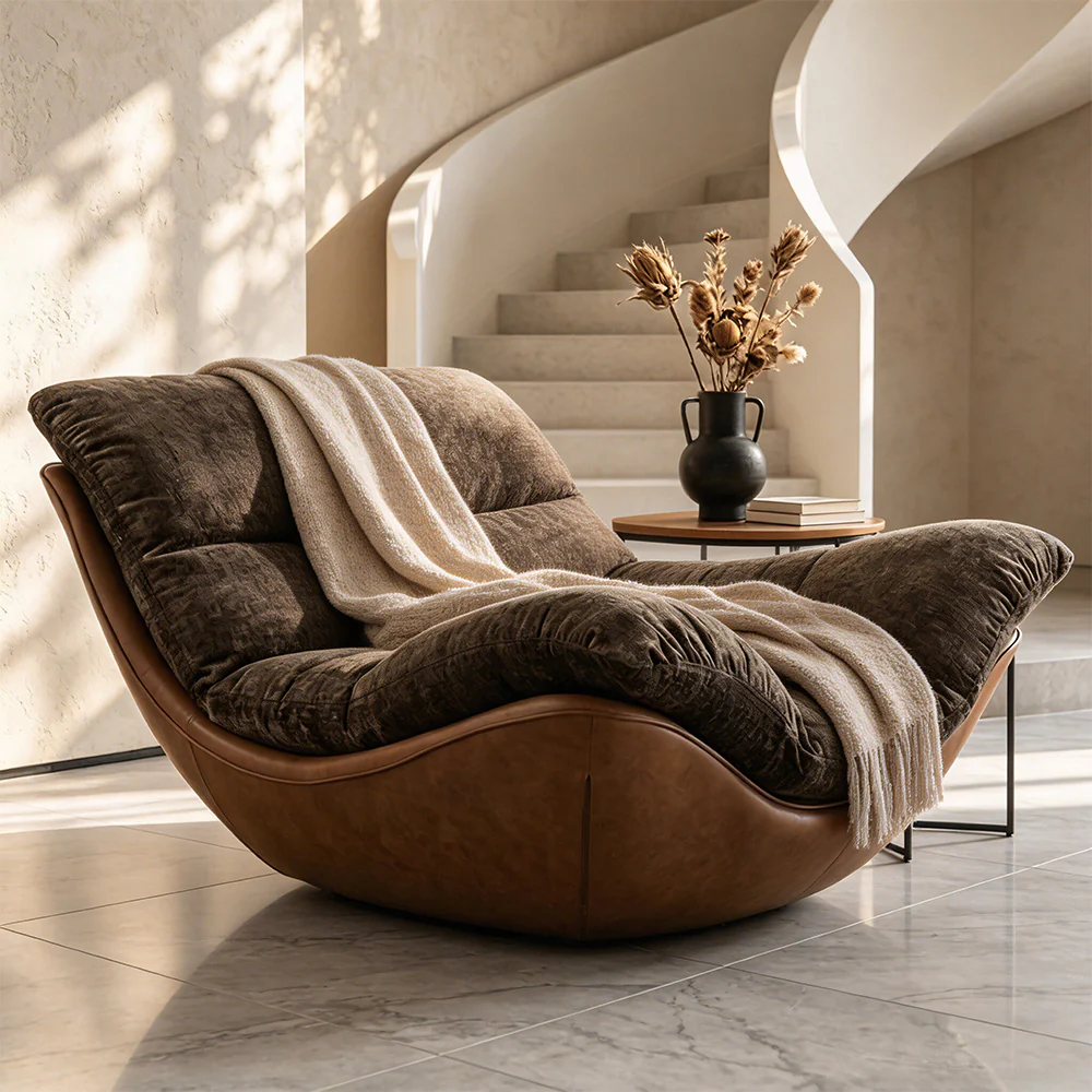 Modern Lounge Accent Chair Faux Leather Base Plush Fabric Cushion Low Profile Lazy Sofa Chair