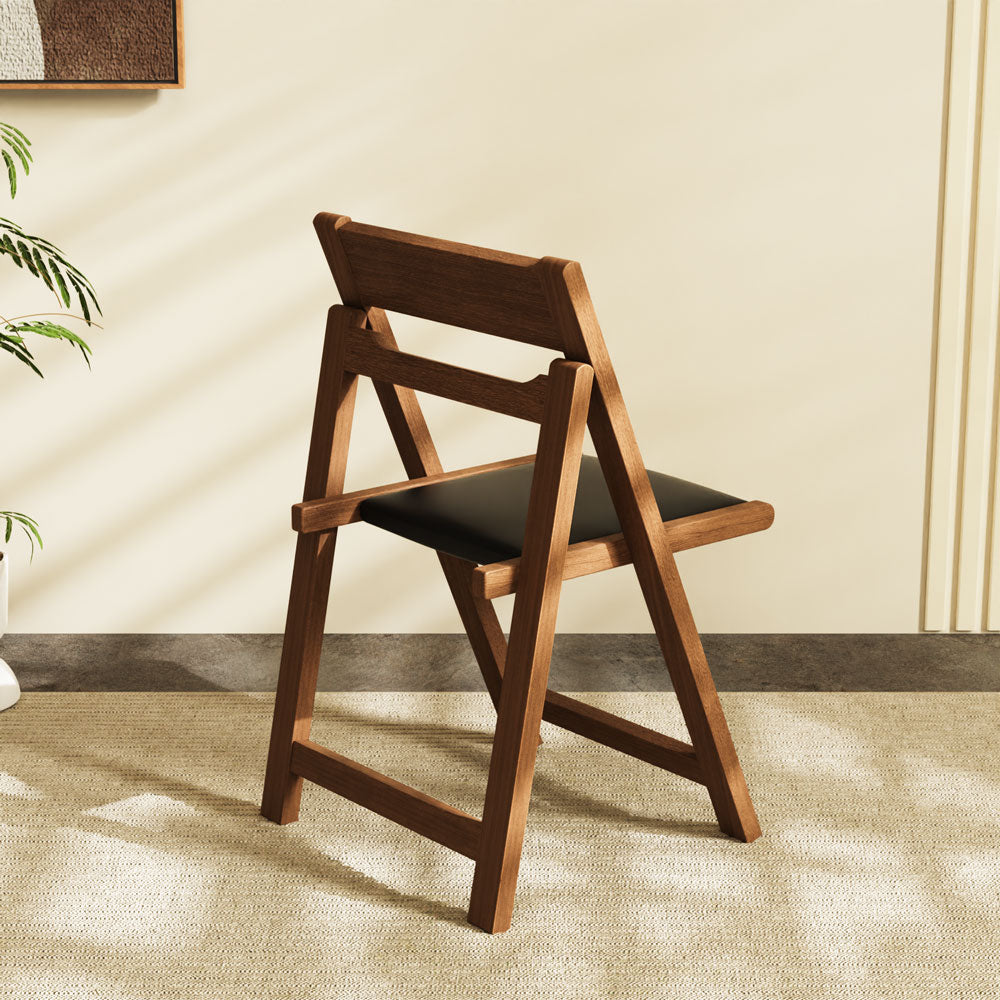 4PCS Folding Chair Solid Wood with Black Leather Seat Space-Saving Durable Elegant Design