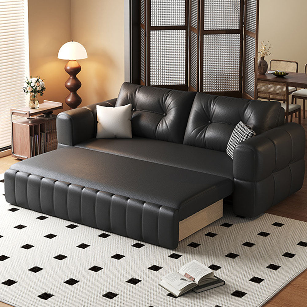 Modern Black Leather Sofa Bed with Pull-Out Sleeper Convertible 2-in-1 Couch